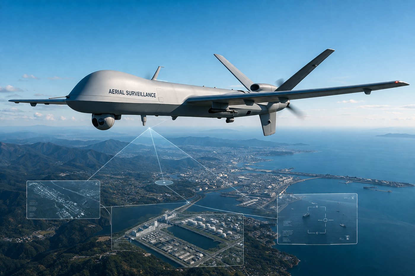Aerial surveillance UAV over coastal terrain